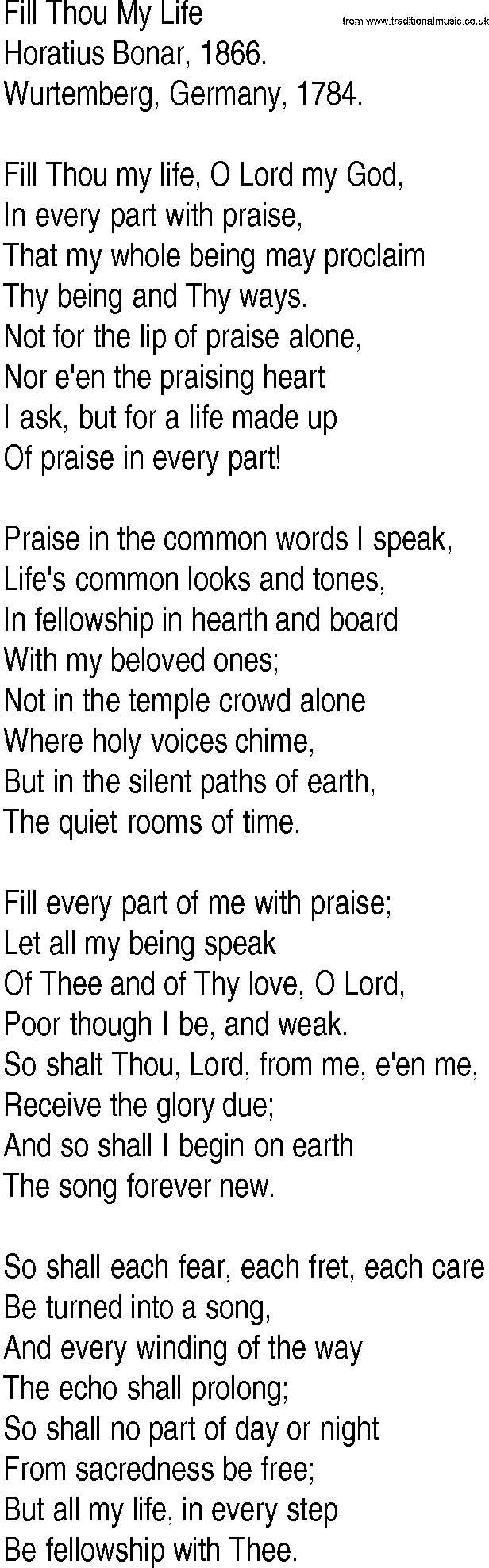 Hymn and Gospel Song: Fill Thou My Life by Horatius Bonar lyrics