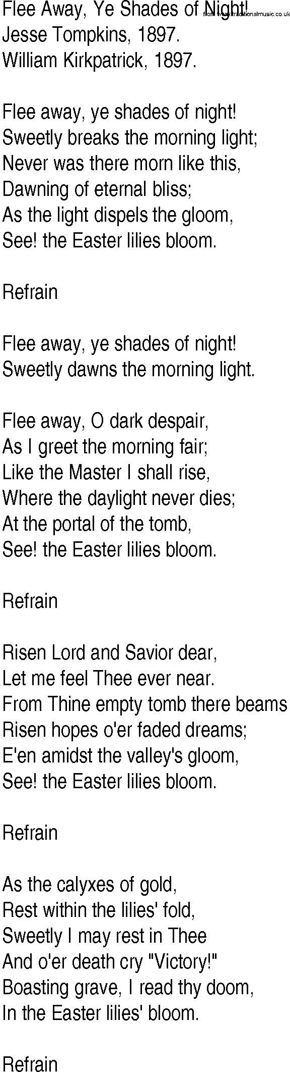 Hymn and Gospel Song: Flee Away, Ye Shades of Night! by Jesse Tompkins lyrics