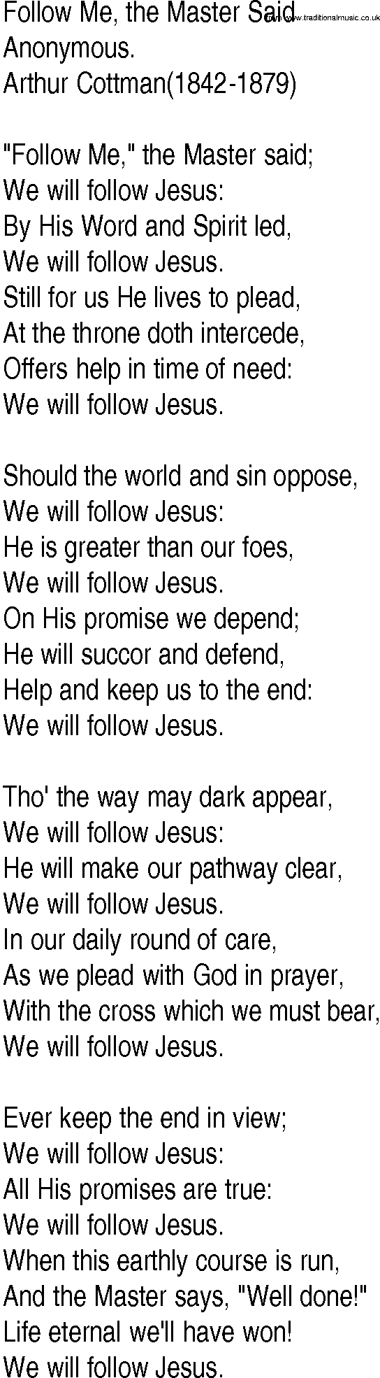 Hymn and Gospel Song: Follow Me, the Master Said by Anonymous lyrics