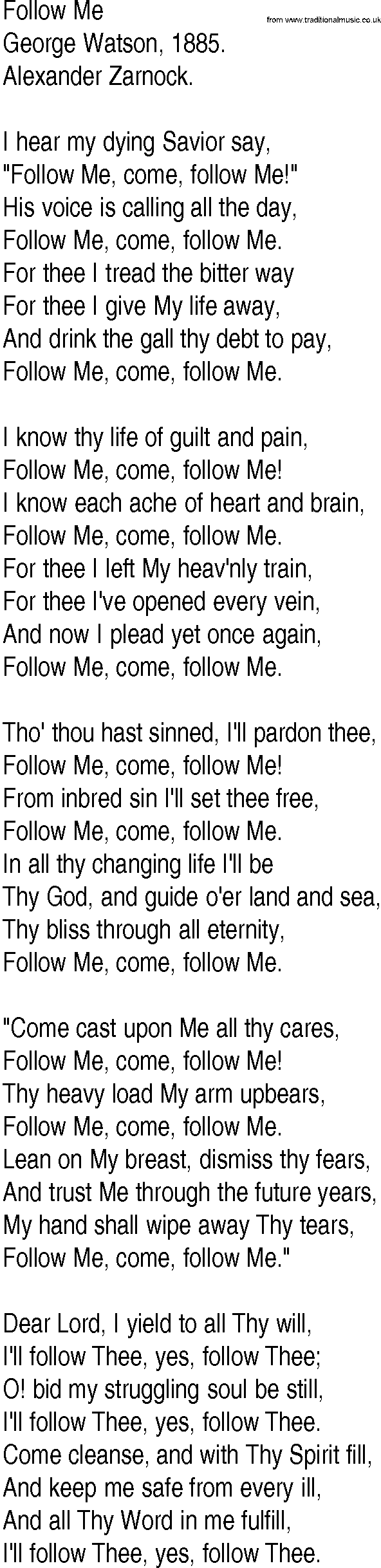 Hymn and Gospel Song: Follow Me by George Watson lyrics