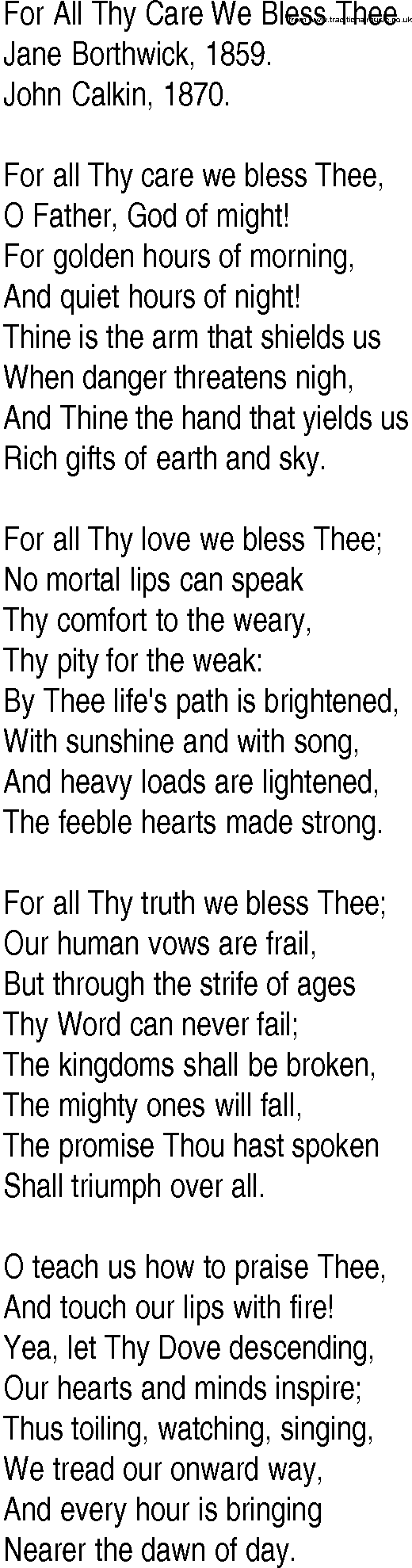 Hymn and Gospel Song: For All Thy Care We Bless Thee by Jane Borthwick lyrics