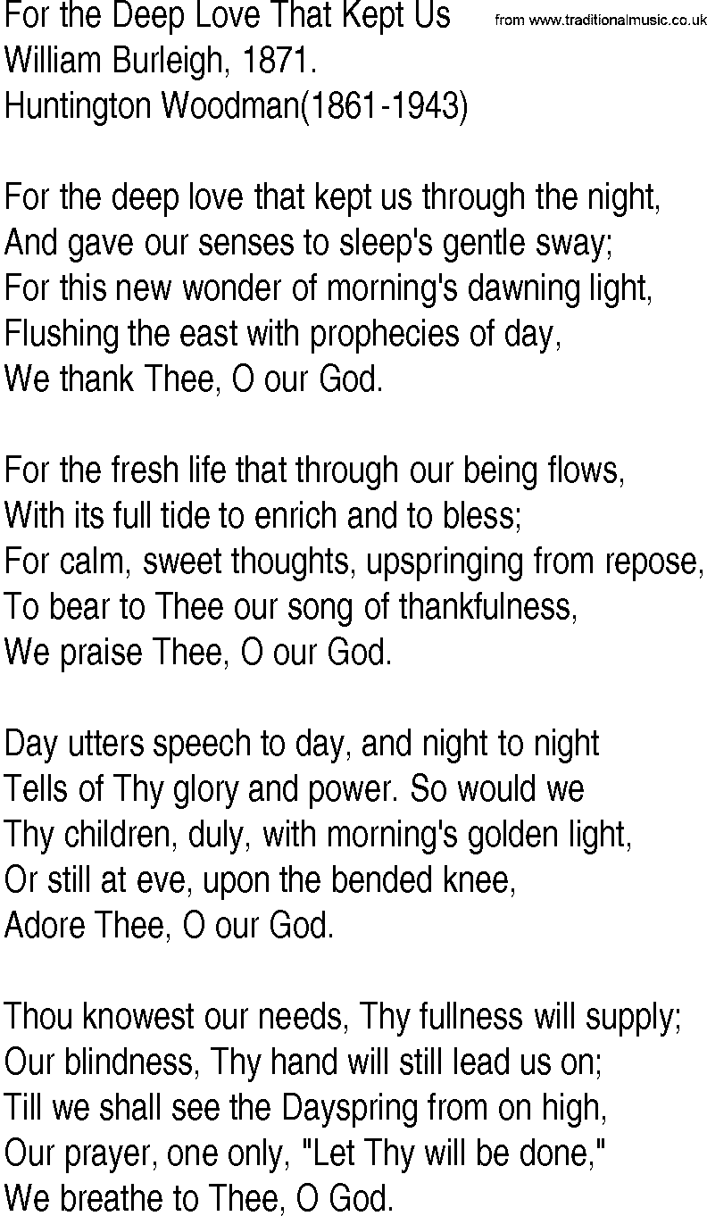 Hymn and Gospel Song: For the Deep Love That Kept Us by William Burleigh lyrics