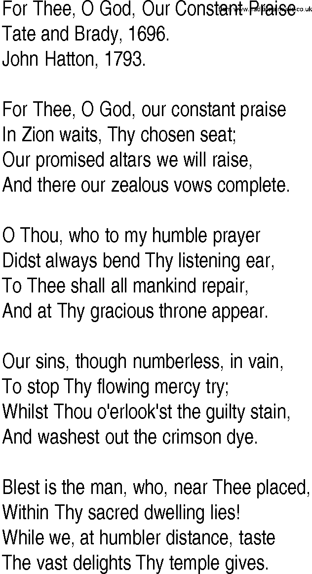 Hymn and Gospel Song: For Thee, O God, Our Constant Praise by Tate and Brady lyrics