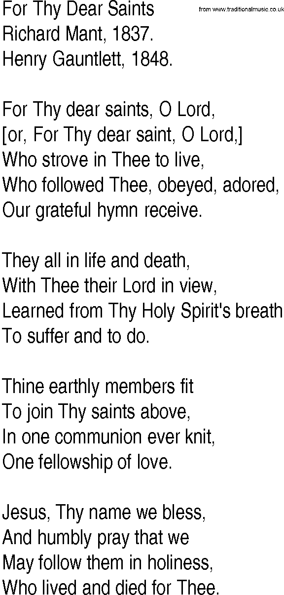 Hymn and Gospel Song: For Thy Dear Saints by Richard Mant lyrics