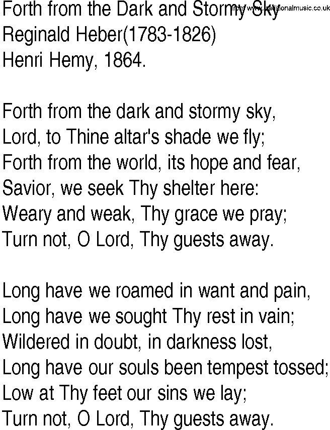 Hymn and Gospel Song: Forth from the Dark and Stormy Sky by Reginald Heber lyrics