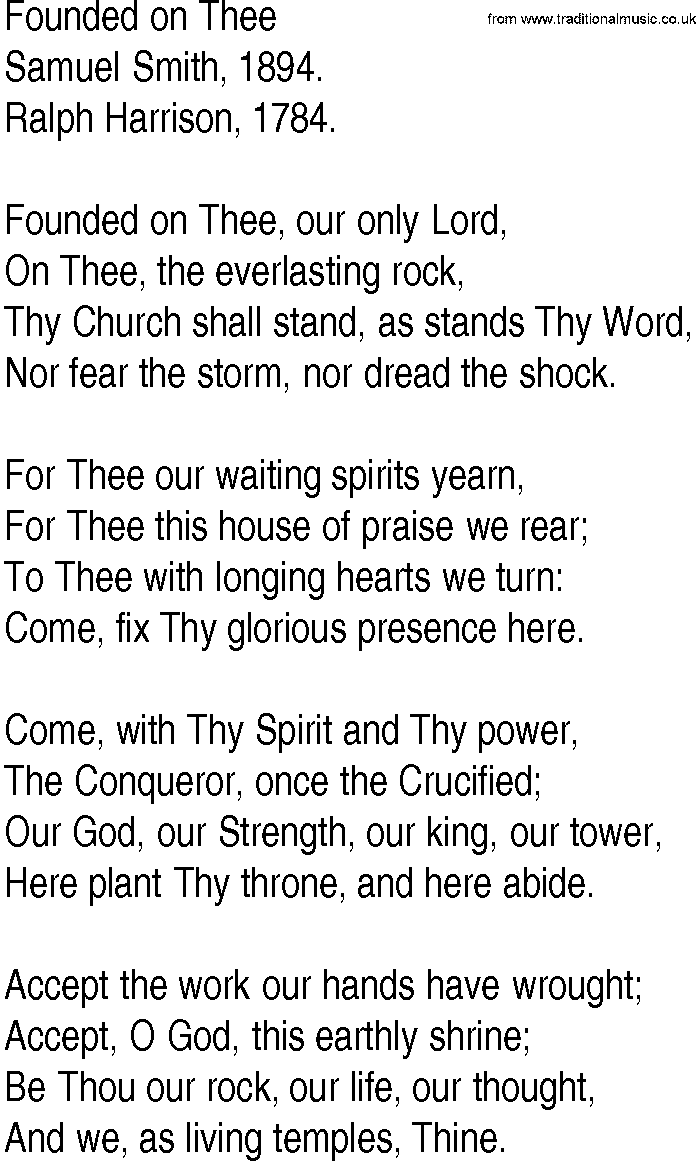 Hymn and Gospel Song: Founded on Thee by Samuel Smith lyrics