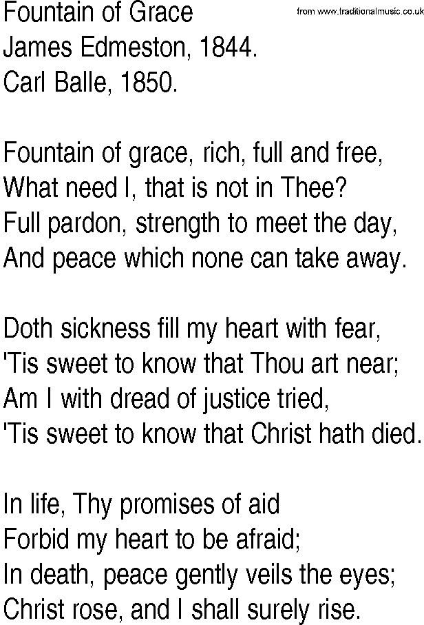 Hymn and Gospel Song: Fountain of Grace by James Edmeston lyrics