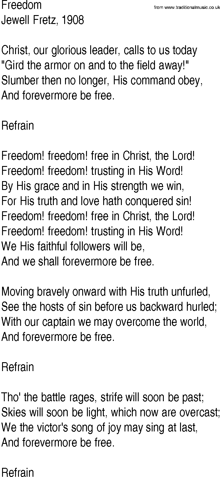 Hymn and Gospel Song: Freedom by Jewell Fretz lyrics