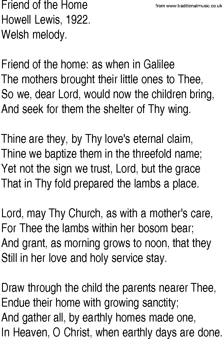 Hymn and Gospel Song: Friend of the Home by Howell Lewis lyrics