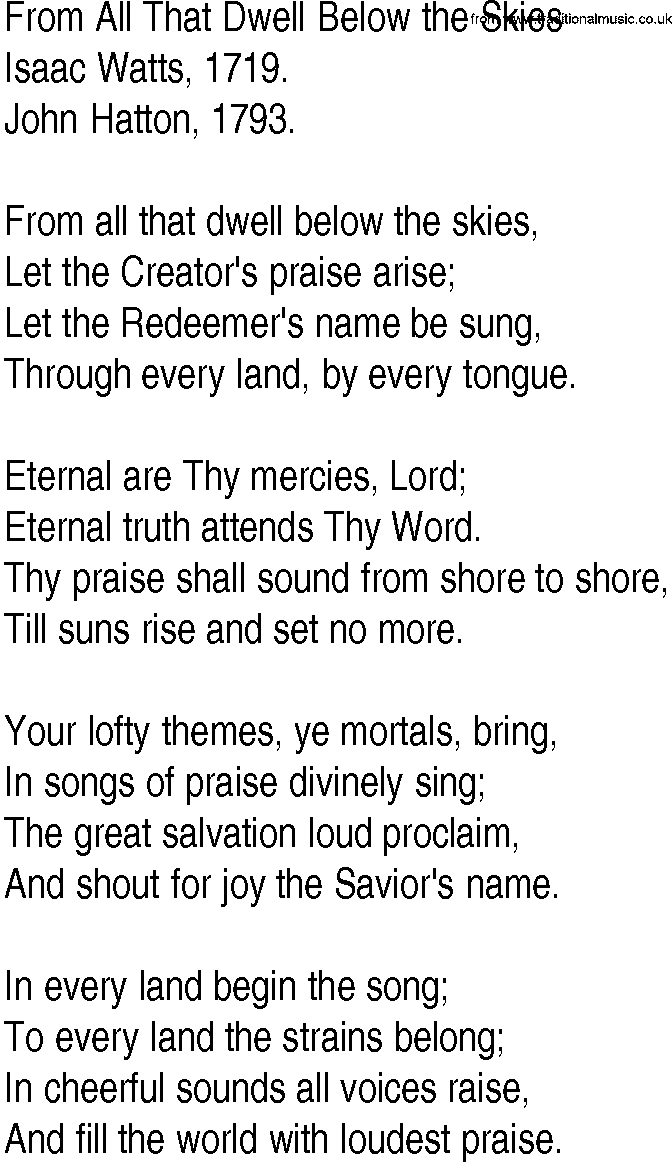Hymn and Gospel Song: From All That Dwell Below the Skies by Isaac Watts lyrics