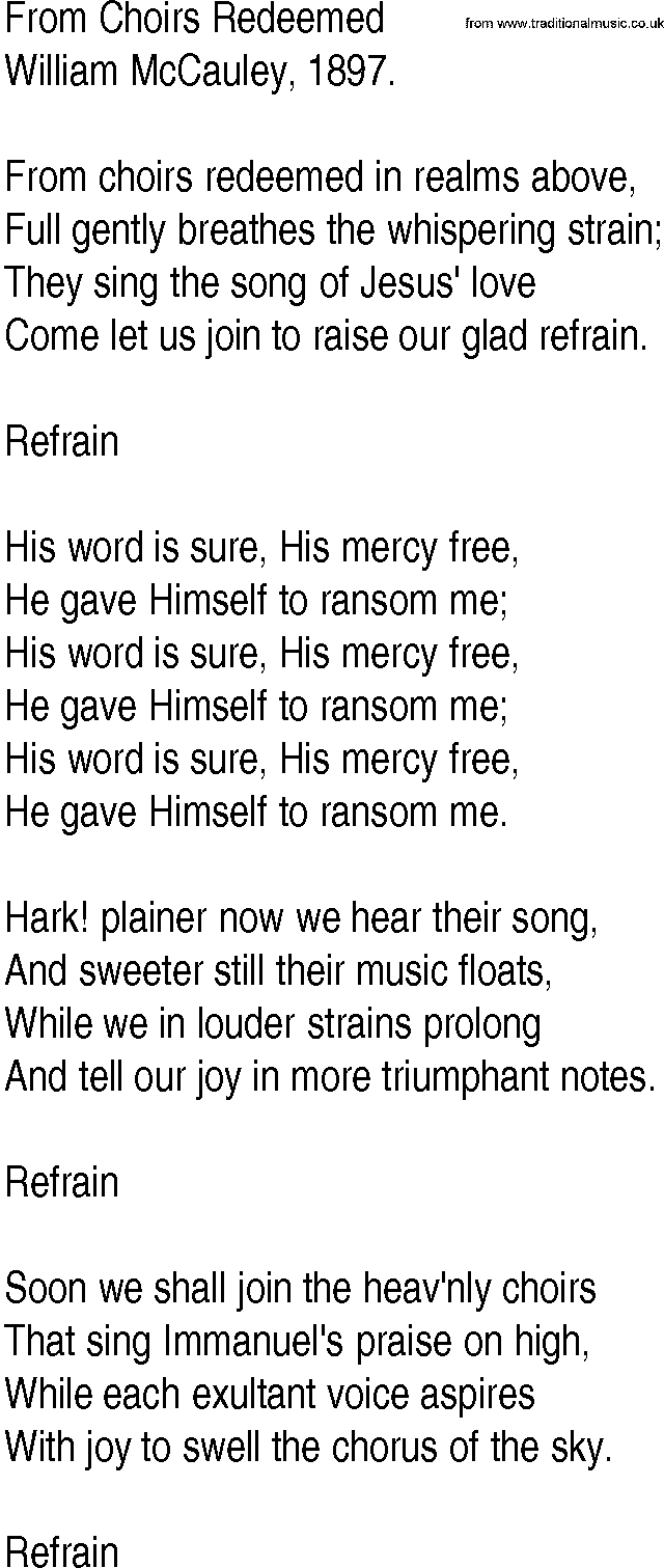 Hymn and Gospel Song: From Choirs Redeemed by William McCauley lyrics