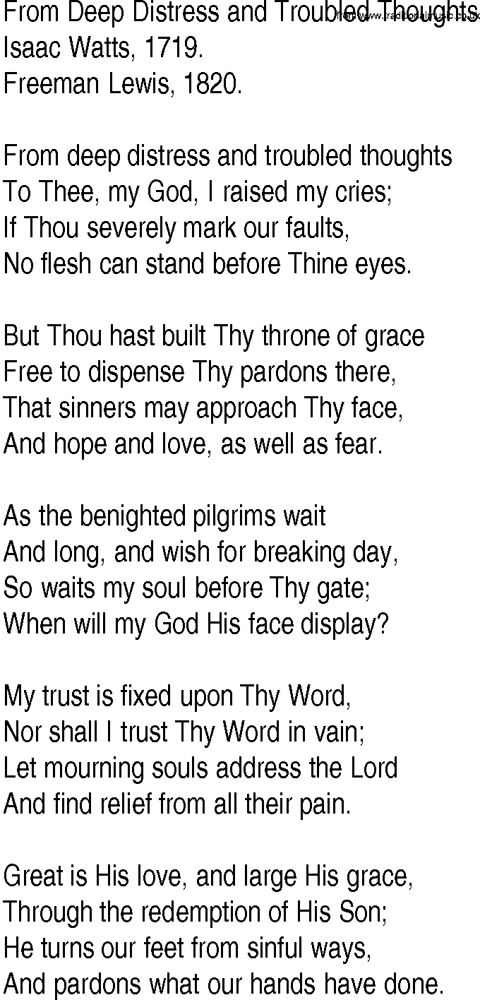Hymn and Gospel Song: From Deep Distress and Troubled Thoughts by Isaac Watts lyrics