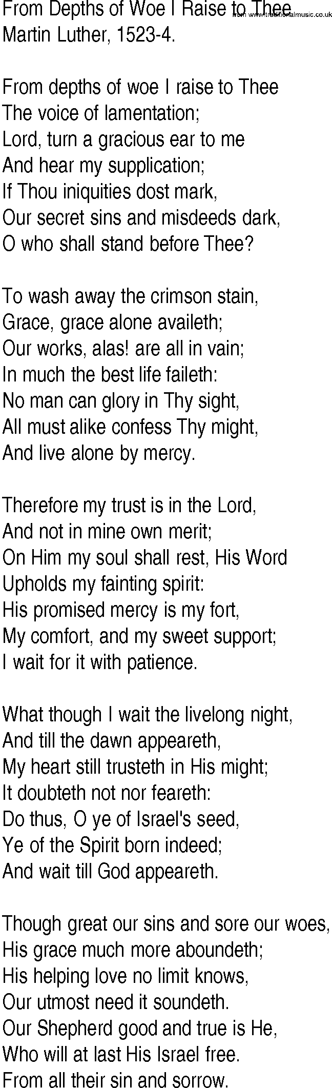 Hymn and Gospel Song: From Depths of Woe I Raise to Thee by Martin Luther lyrics