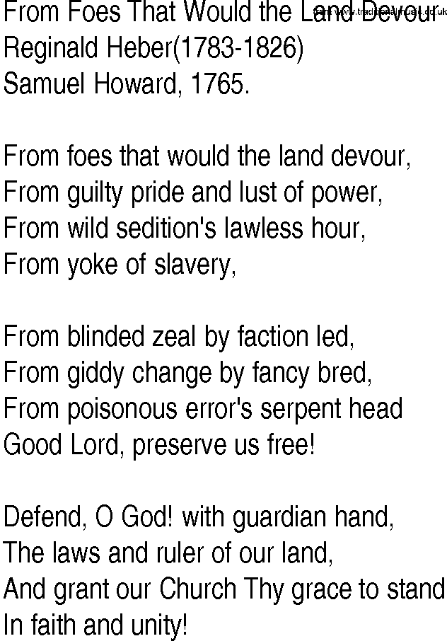Hymn and Gospel Song: From Foes That Would the Land Devour by Reginald Heber lyrics