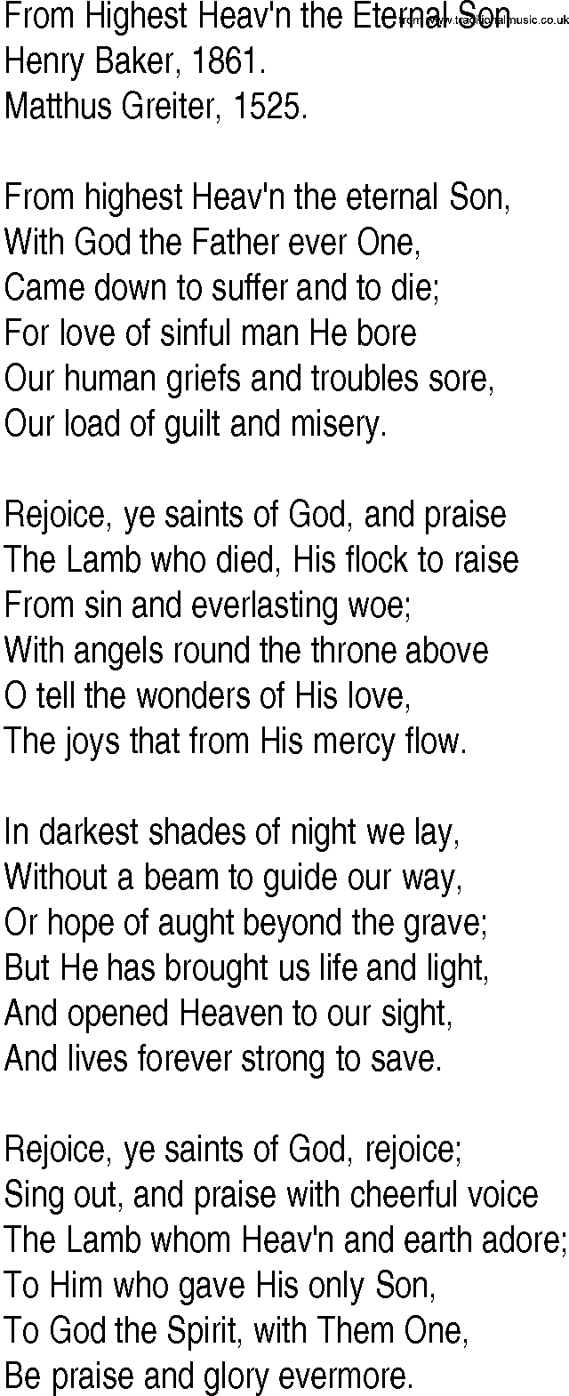 Hymn and Gospel Song: From Highest Heav'n the Eternal Son by Henry Baker lyrics