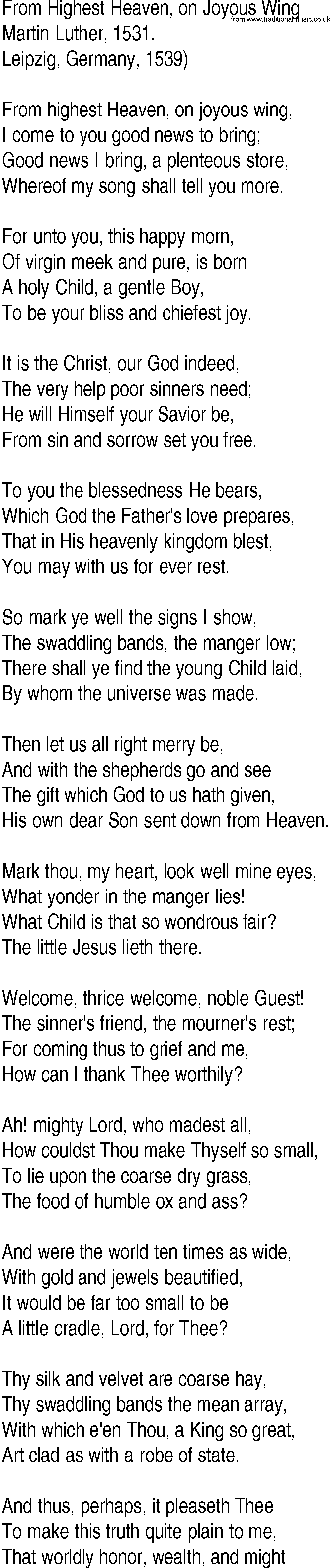Hymn and Gospel Song: From Highest Heaven, on Joyous Wing by Martin Luther lyrics
