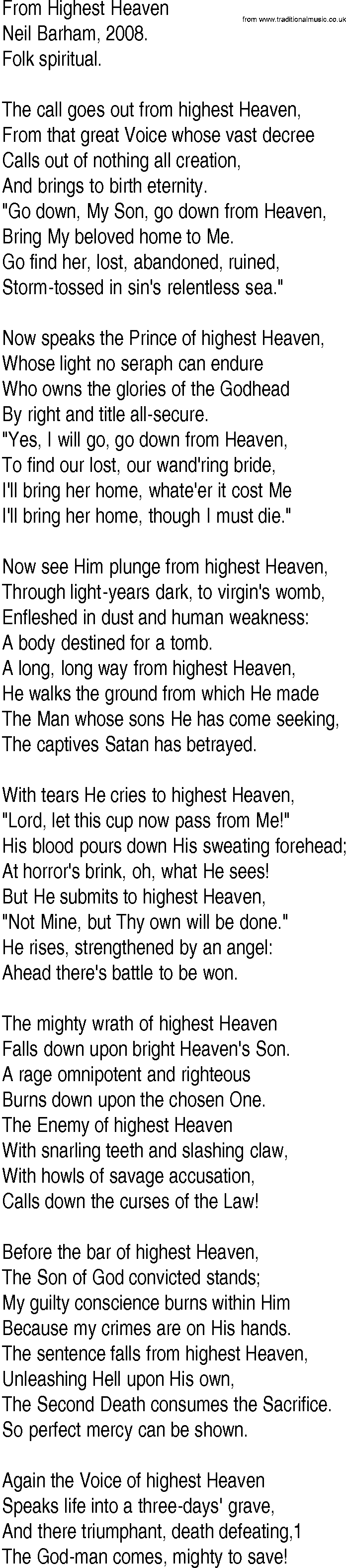 Hymn and Gospel Song: From Highest Heaven by Neil Barham lyrics