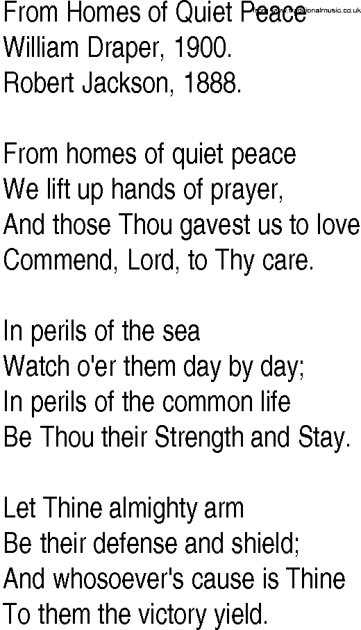 Hymn and Gospel Song: From Homes of Quiet Peace by William Draper lyrics