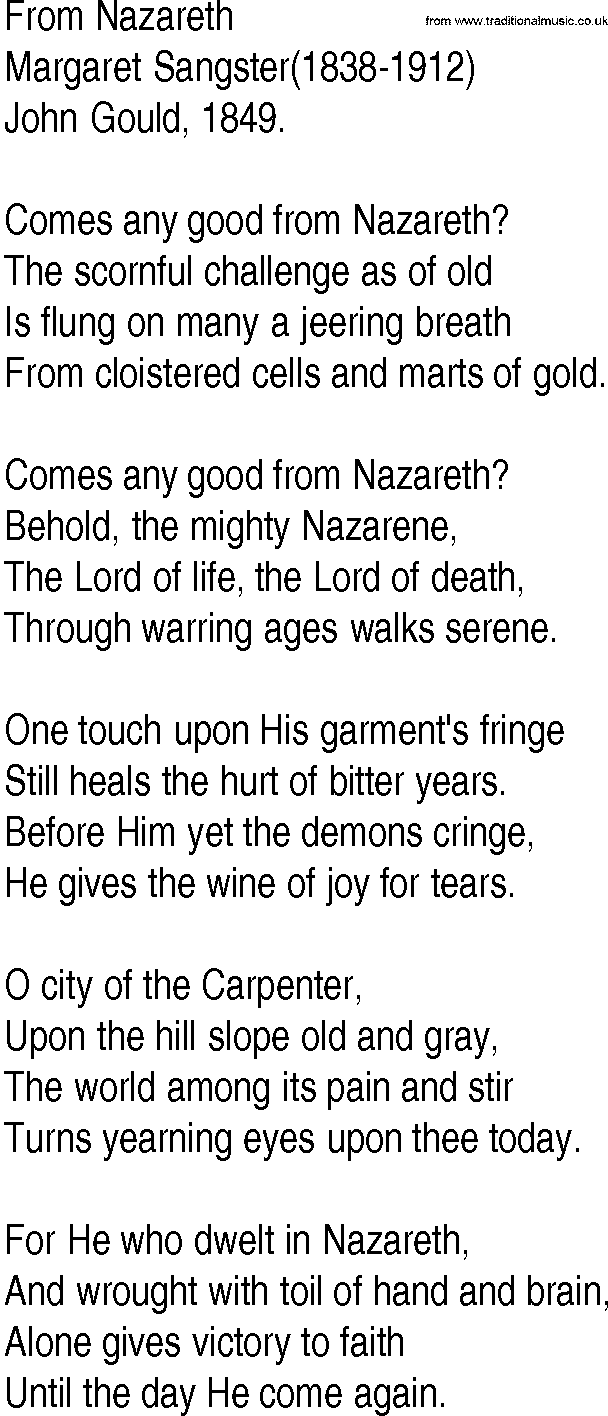 Hymn and Gospel Song: From Nazareth by Margaret Sangster lyrics