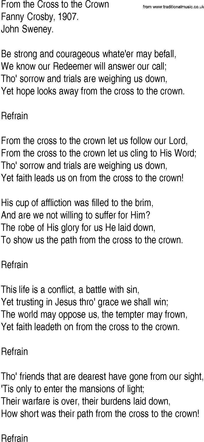 Hymn and Gospel Song: From the Cross to the Crown by Fanny Crosby lyrics