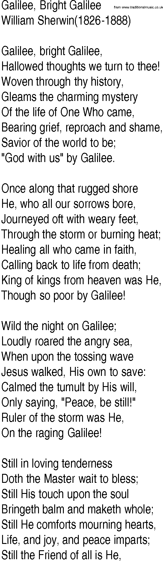 Hymn and Gospel Song: Galilee, Bright Galilee by William Sherwin lyrics