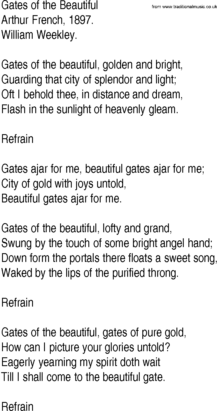 Hymn and Gospel Song: Gates of the Beautiful by Arthur French lyrics