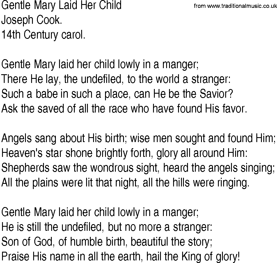 Hymn and Gospel Song: Gentle Mary Laid Her Child by Joseph Cook lyrics
