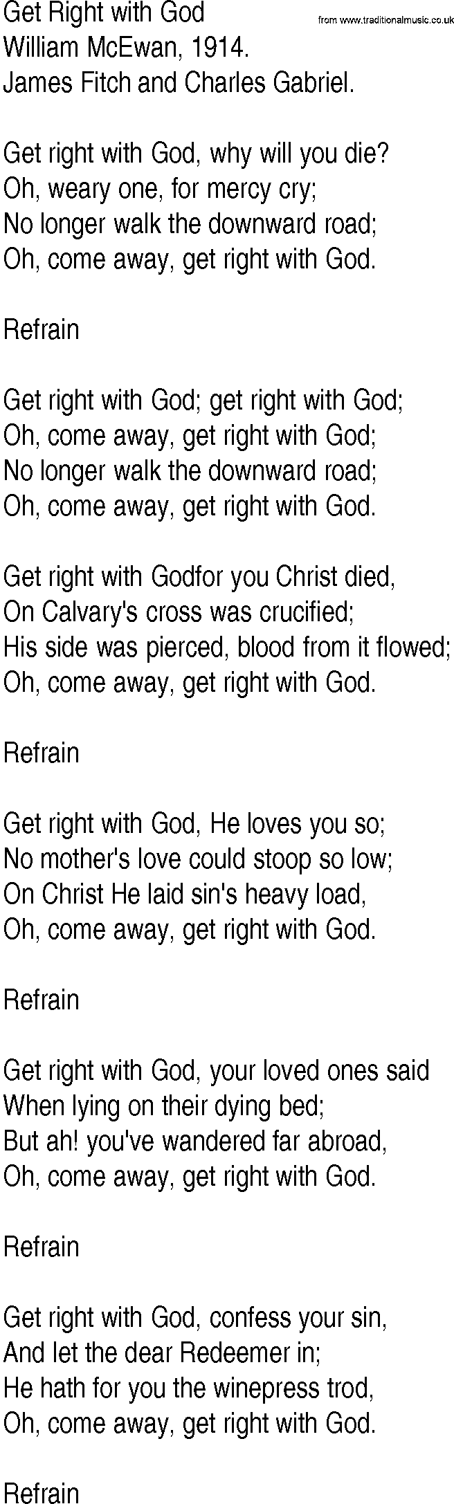 Hymn and Gospel Song: Get Right with God by William McEwan lyrics