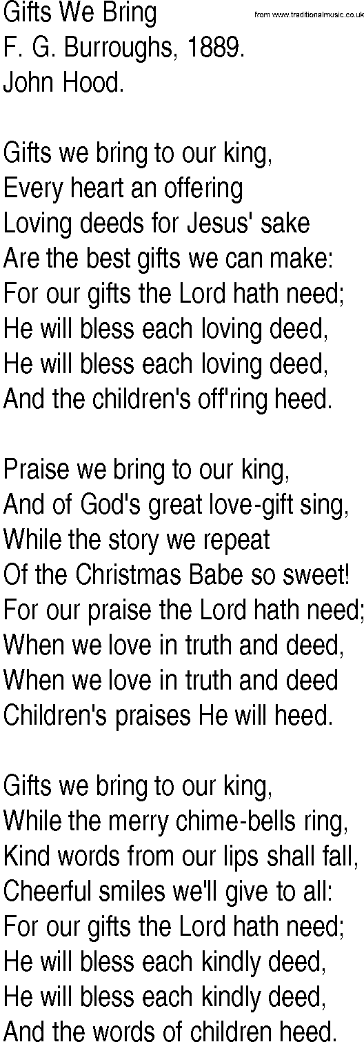 Hymn and Gospel Song: Gifts We Bring by F G Burroughs lyrics