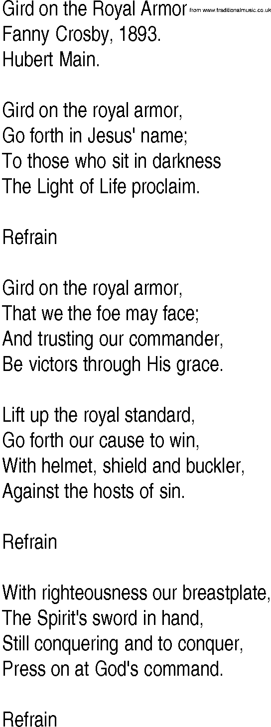 Hymn and Gospel Song: Gird on the Royal Armor by Fanny Crosby lyrics