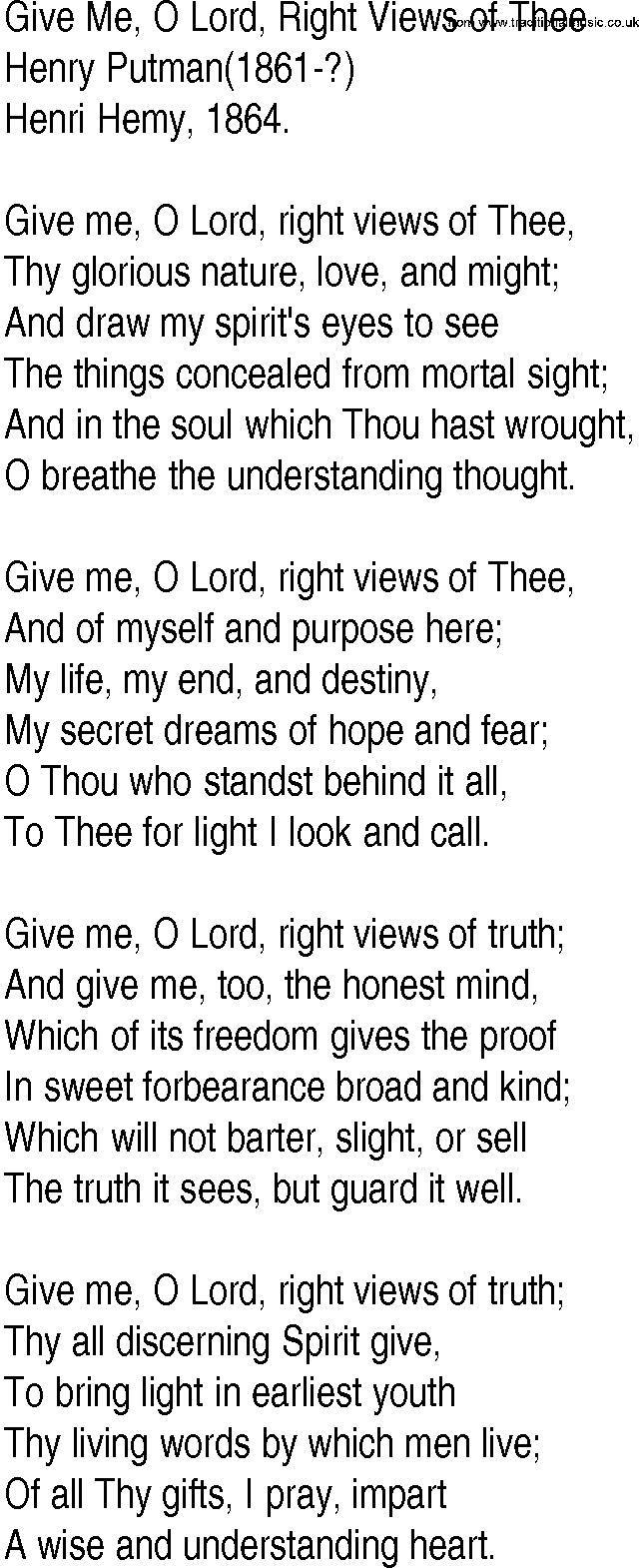 Hymn and Gospel Song: Give Me, O Lord, Right Views of Thee by Henry Putman lyrics