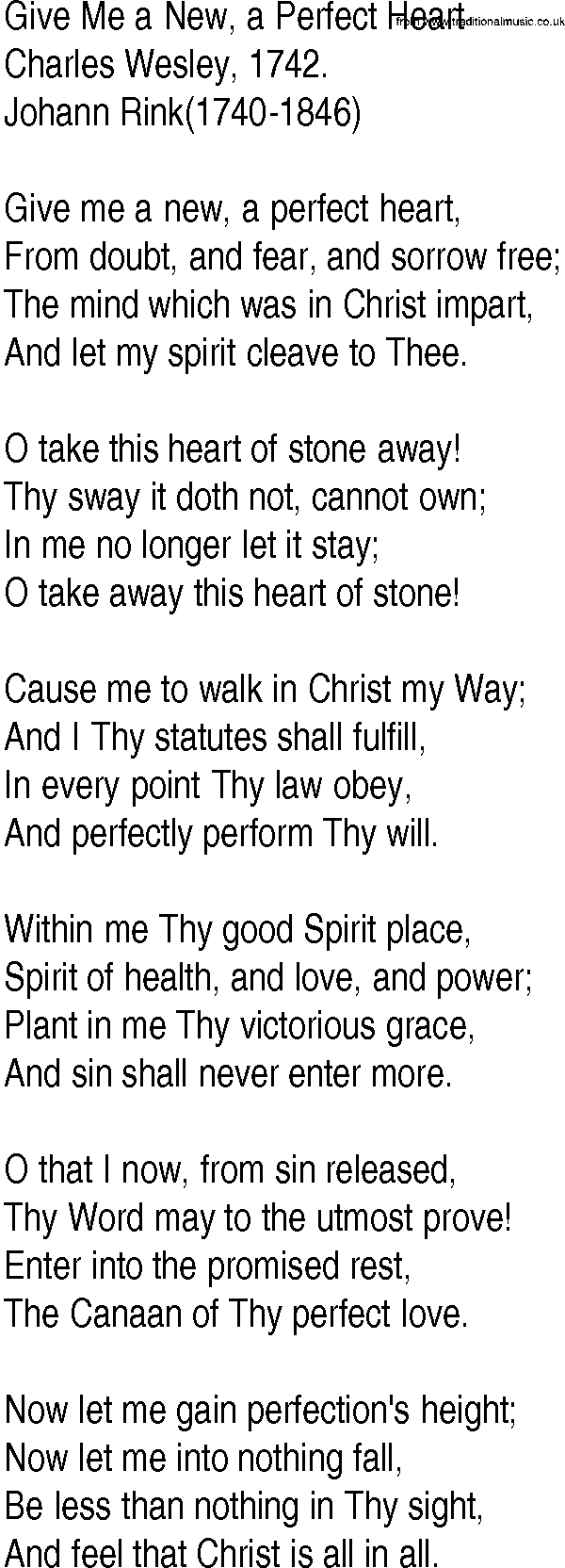 Hymn and Gospel Song: Give Me a New, a Perfect Heart by Charles Wesley lyrics
