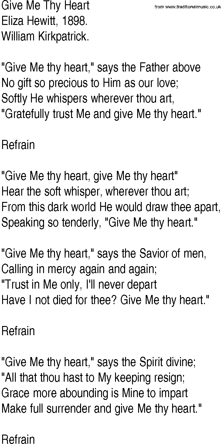 Hymn and Gospel Song: Give Me Thy Heart by Eliza Hewitt lyrics