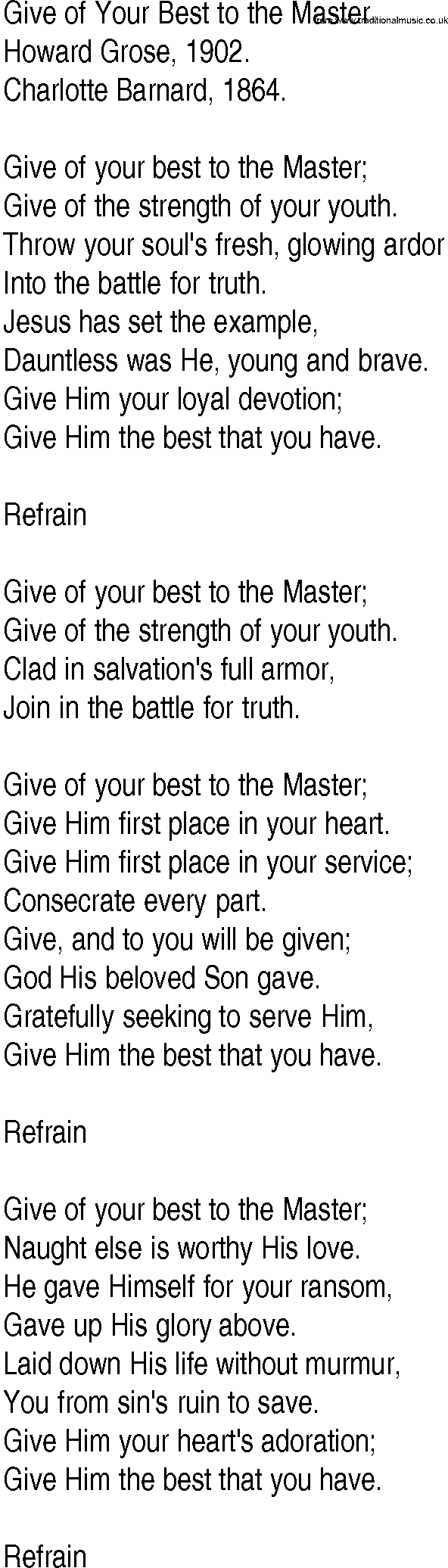 Hymn and Gospel Song: Give of Your Best to the Master by Howard Grose lyrics