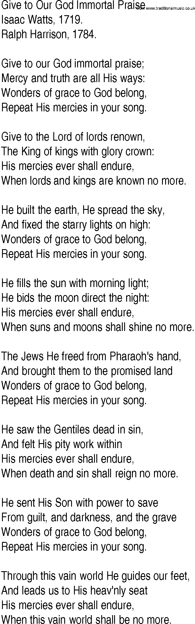 Hymn and Gospel Song: Give to Our God Immortal Praise by Isaac Watts lyrics