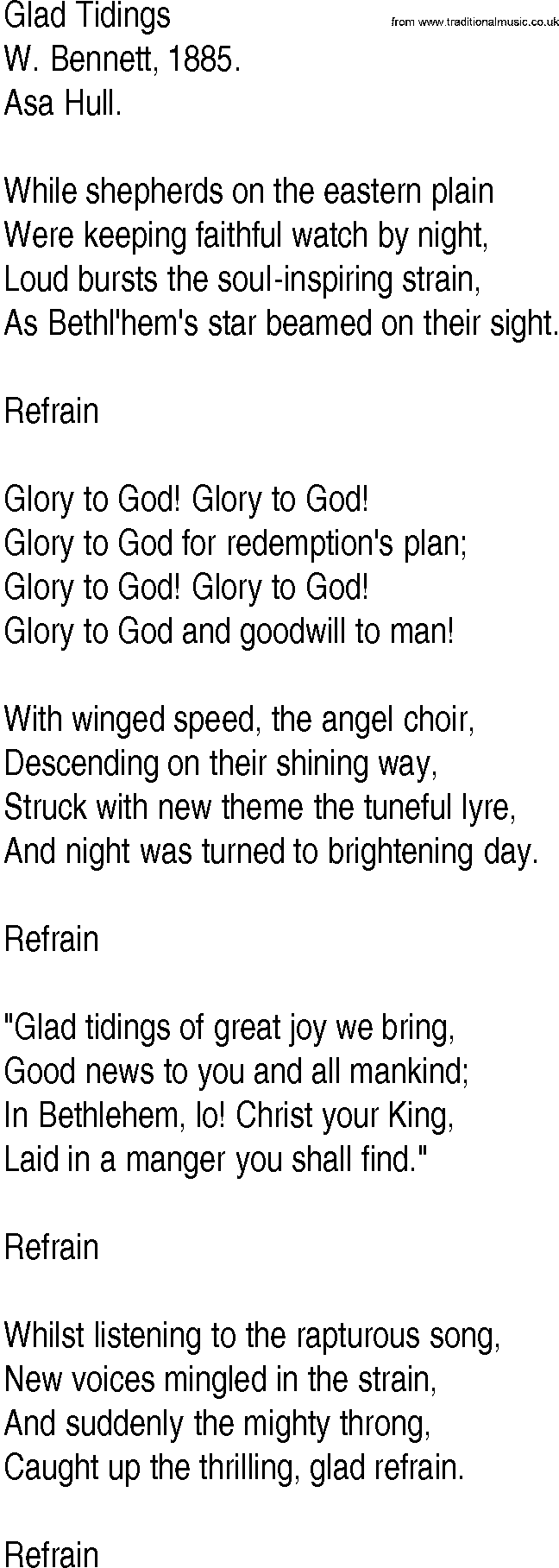 Hymn and Gospel Song: Glad Tidings by W Bennett lyrics