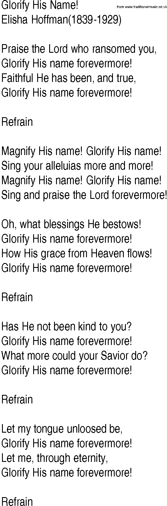 Hymn and Gospel Song: Glorify His Name! by Elisha Hoffman lyrics