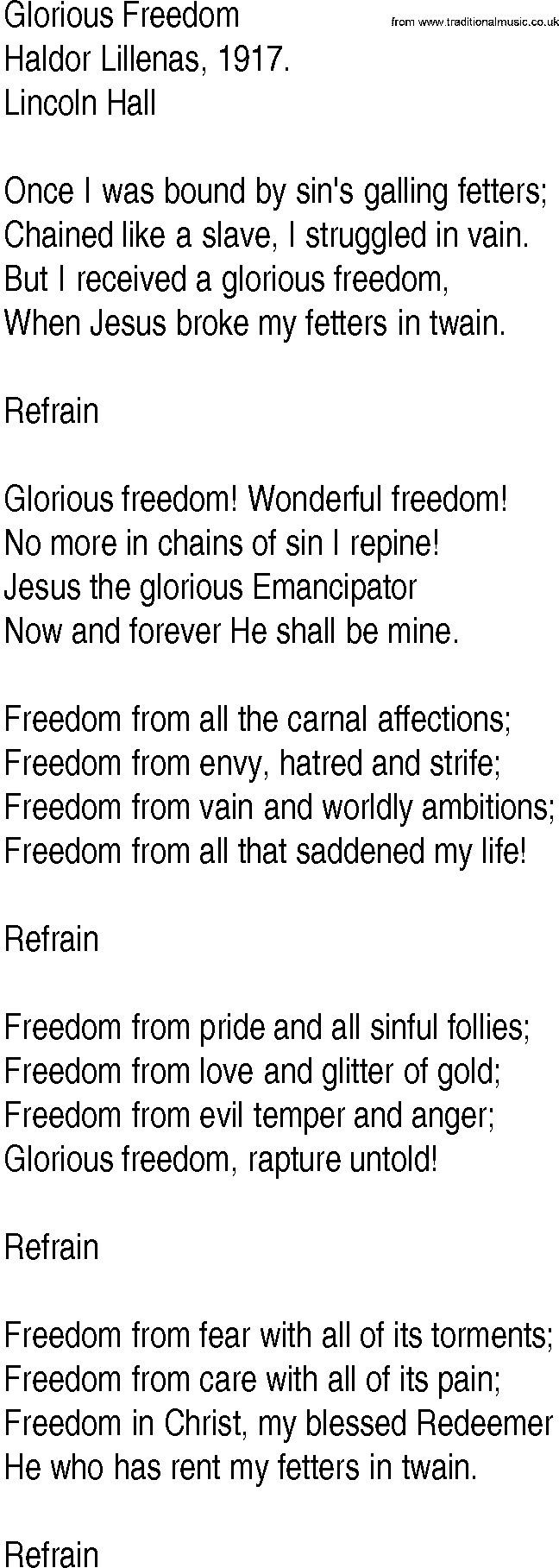 Hymn and Gospel Song: Glorious Freedom by Haldor Lillenas lyrics