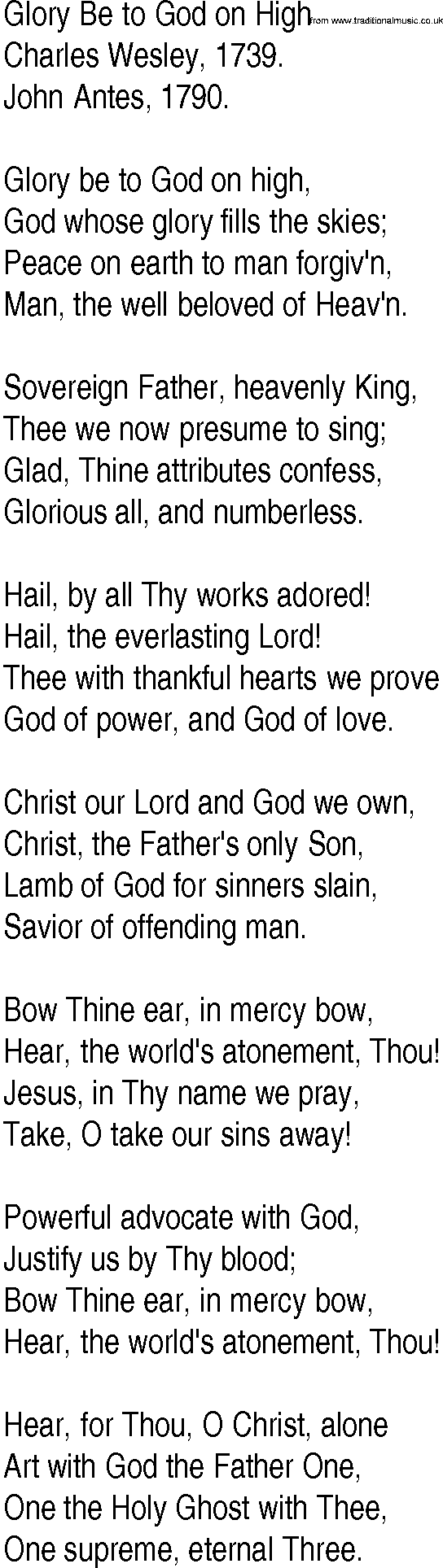 Hymn and Gospel Song: Glory Be to God on High by Charles Wesley lyrics