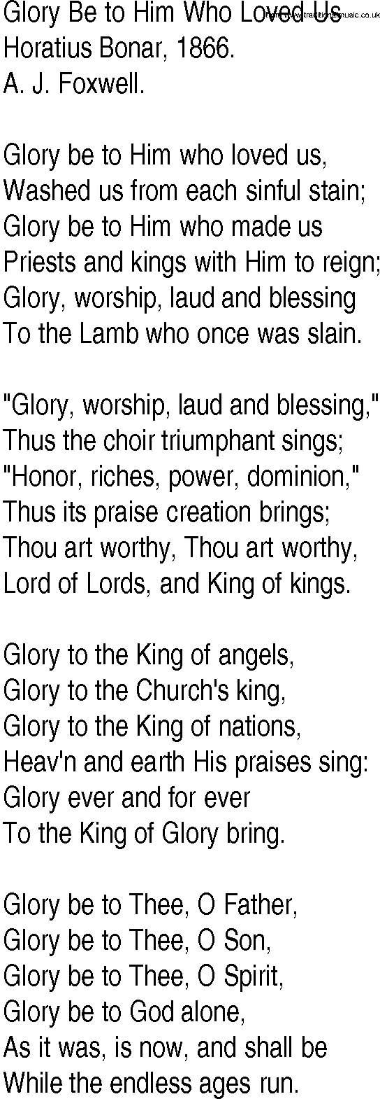 Hymn and Gospel Song: Glory Be to Him Who Loved Us by Horatius Bonar lyrics