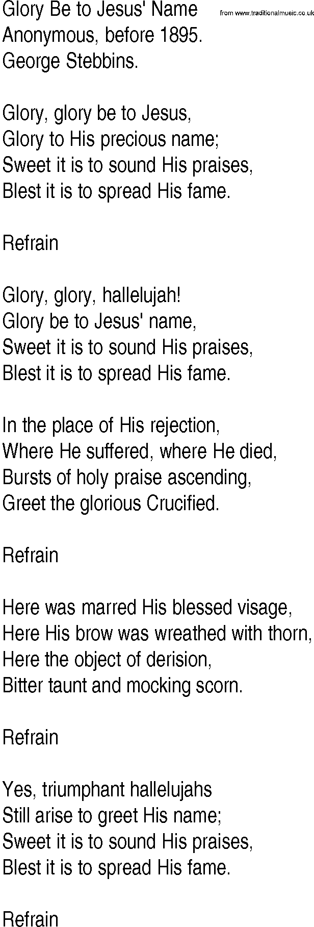 Hymn and Gospel Song: Glory Be to Jesus' Name by Anonymous before lyrics