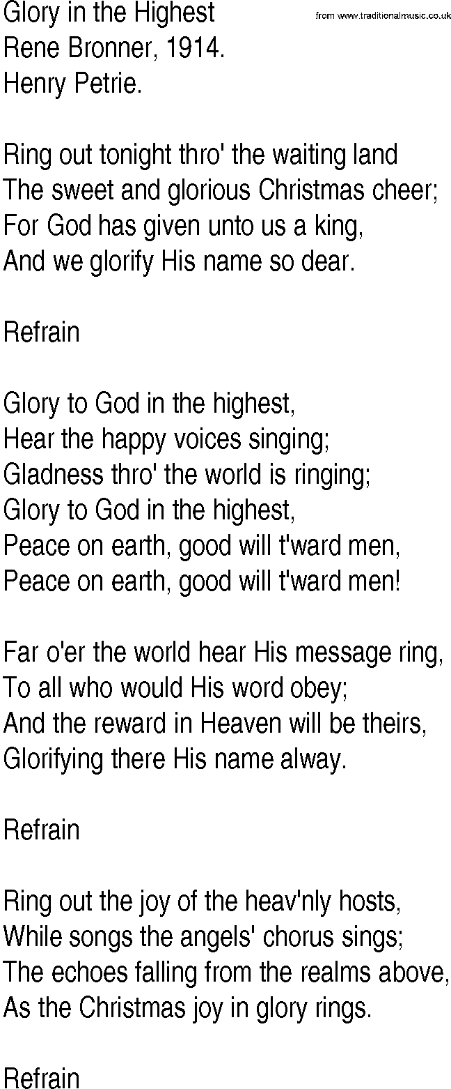 Hymn and Gospel Song: Glory in the Highest by Rene Bronner lyrics
