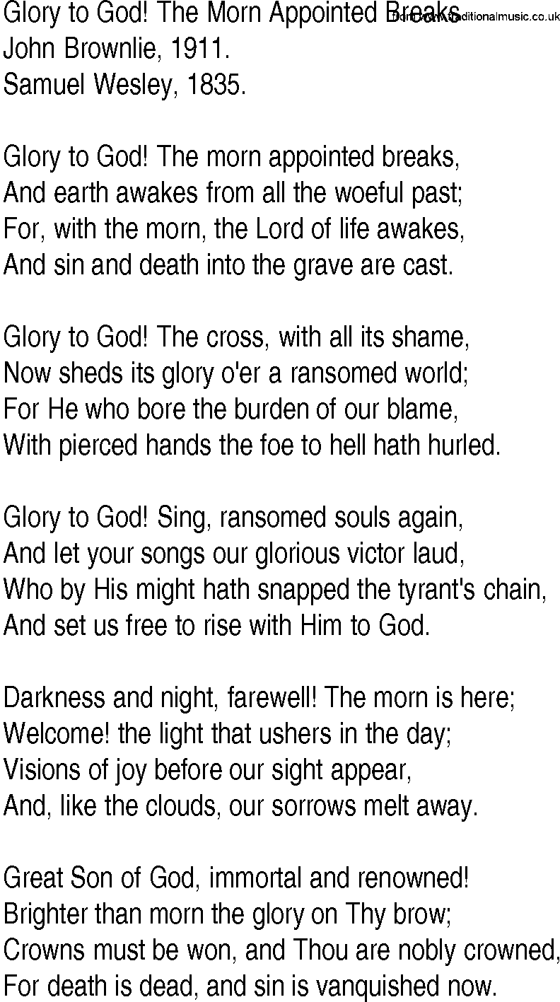 Hymn and Gospel Song: Glory to God! The Morn Appointed Breaks by John Brownlie lyrics