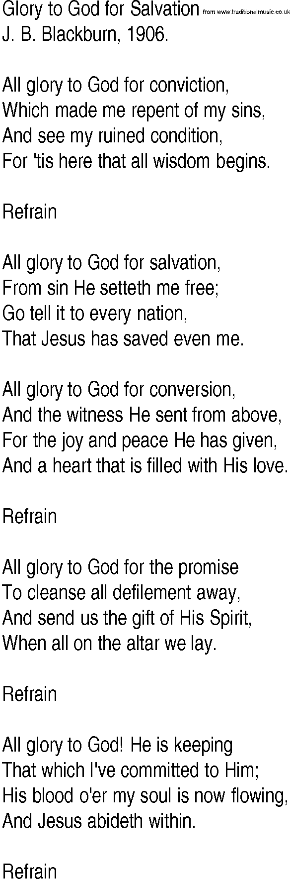 Hymn and Gospel Song: Glory to God for Salvation by J B Blackburn lyrics