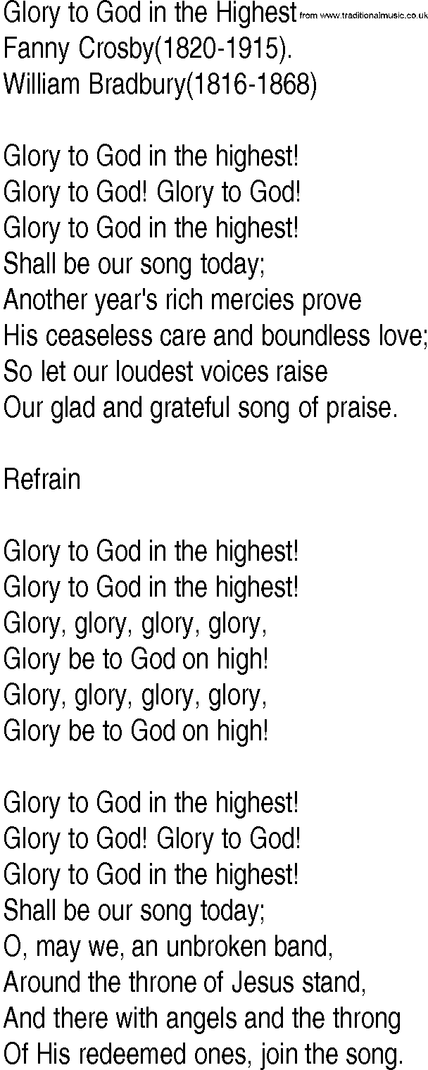 Hymn and Gospel Song: Glory to God in the Highest by Fanny Crosby lyrics