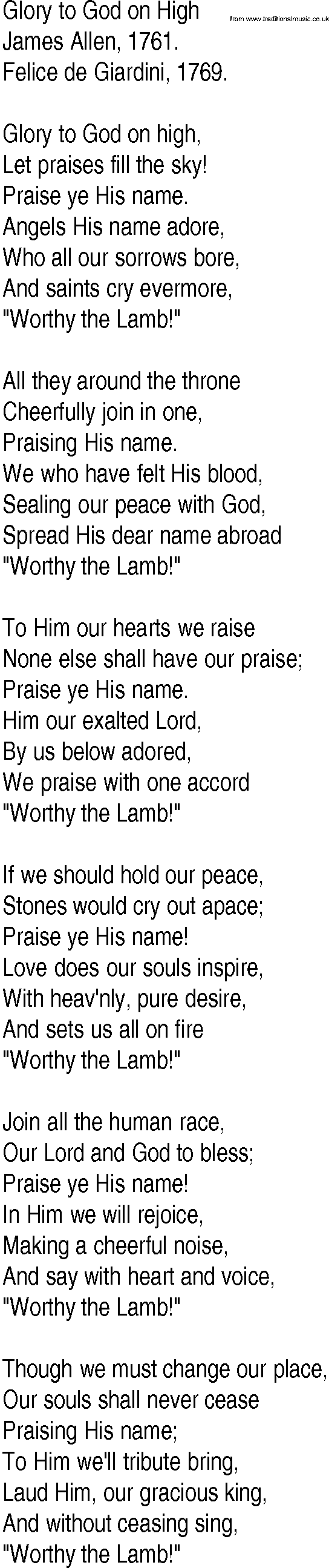 Hymn and Gospel Song: Glory to God on High by James Allen lyrics