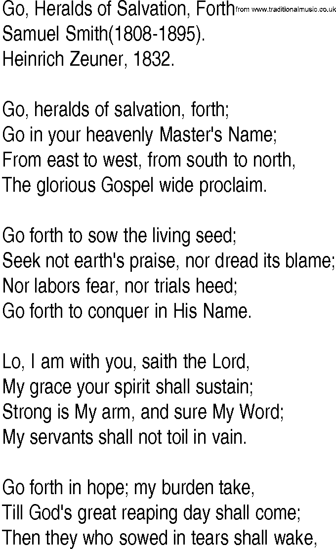 Hymn and Gospel Song: Go, Heralds of Salvation, Forth by Samuel Smith lyrics