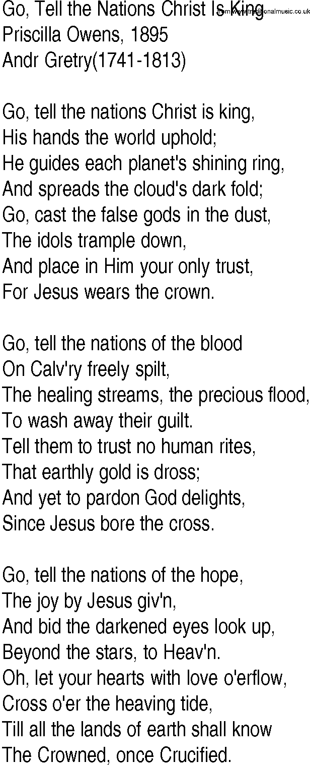 Hymn and Gospel Song: Go, Tell the Nations Christ Is King by Priscilla Owens lyrics