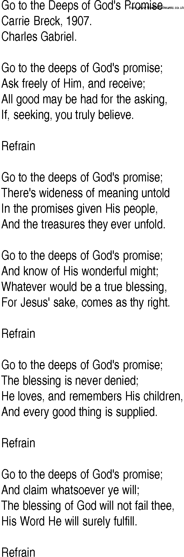 Hymn and Gospel Song: Go to the Deeps of God's Promise by Carrie Breck lyrics