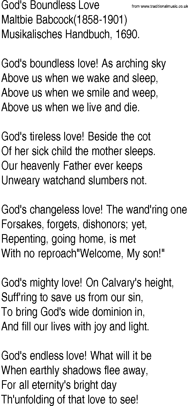 Hymn and Gospel Song: God's Boundless Love by Maltbie Babcock lyrics